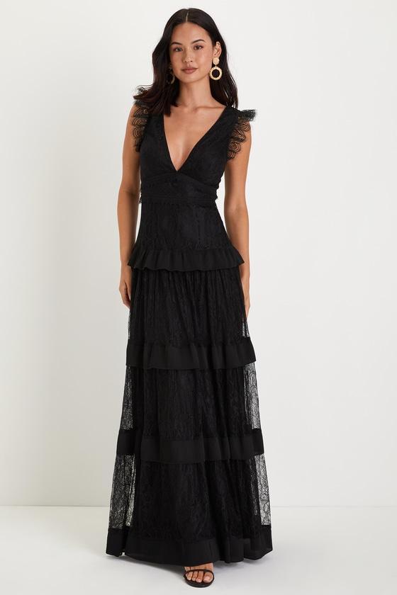 Marvelous Darling Black Lace Ruffled Tiered Maxi Dress Product Image