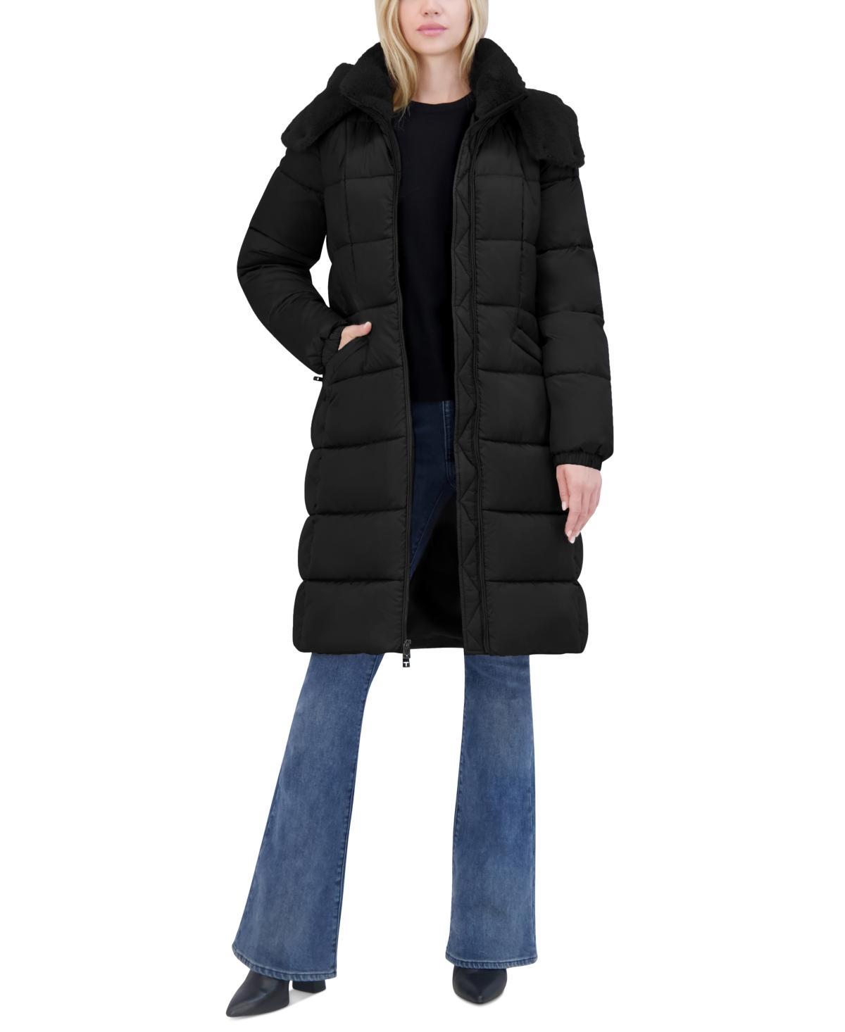 Tahari Womens Shine Faux-Fur-Trim Hooded Puffer Coat Product Image