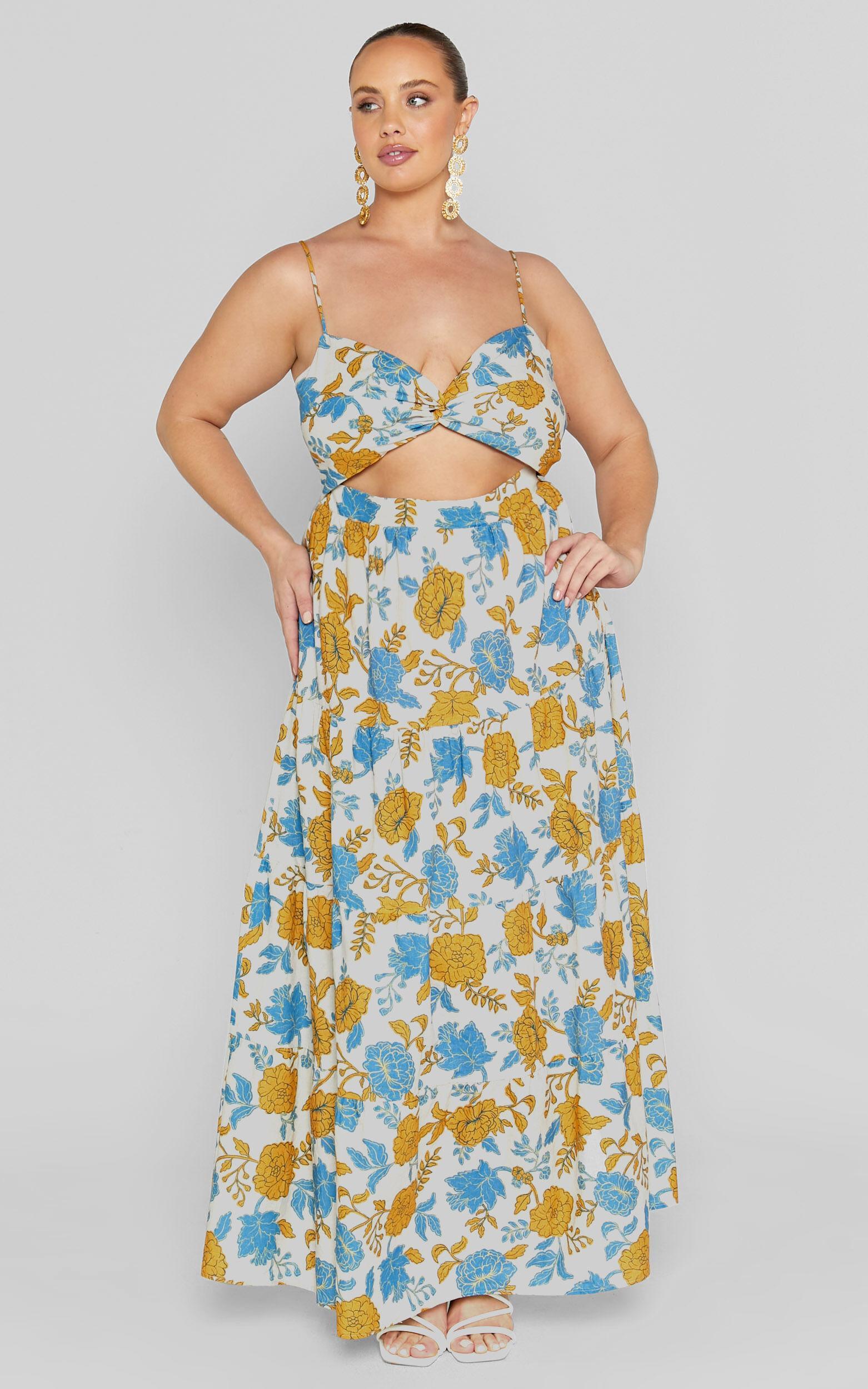 Amalie The Label - Emerita Linen Blend Sweetheart Twist Front Tie Back Midi Dress in Valencia Floral Product Image