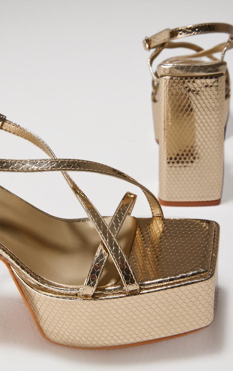 Gold Croc PU Square Toe Cross Strap Platform Heeled Sandals Product Image