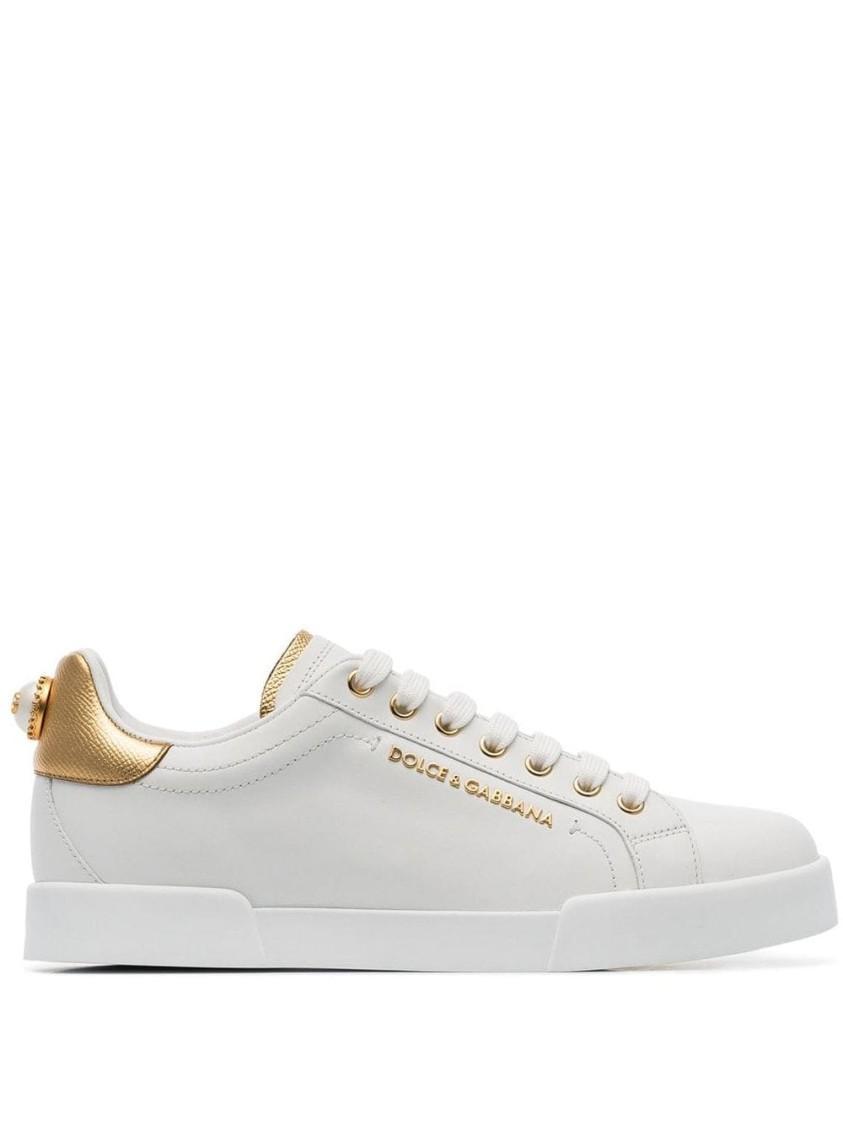 Luxurious Leather Sneakers With Gold Accents And Durable Rubber Sole In White Product Image