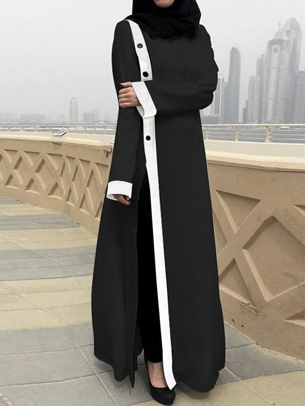 A-Line Long Sleeves Buttoned Contrast Color Split-Front Round-Neck Maxi Dresses Product Image