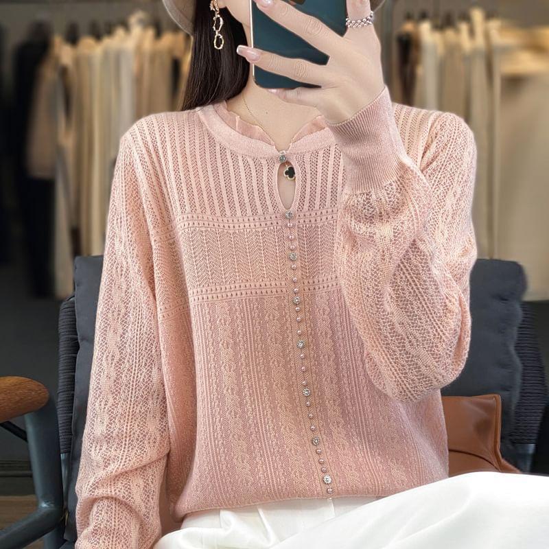 Long Sleeve Frill Collar Plain Beaded Keyhole Knit Top Product Image