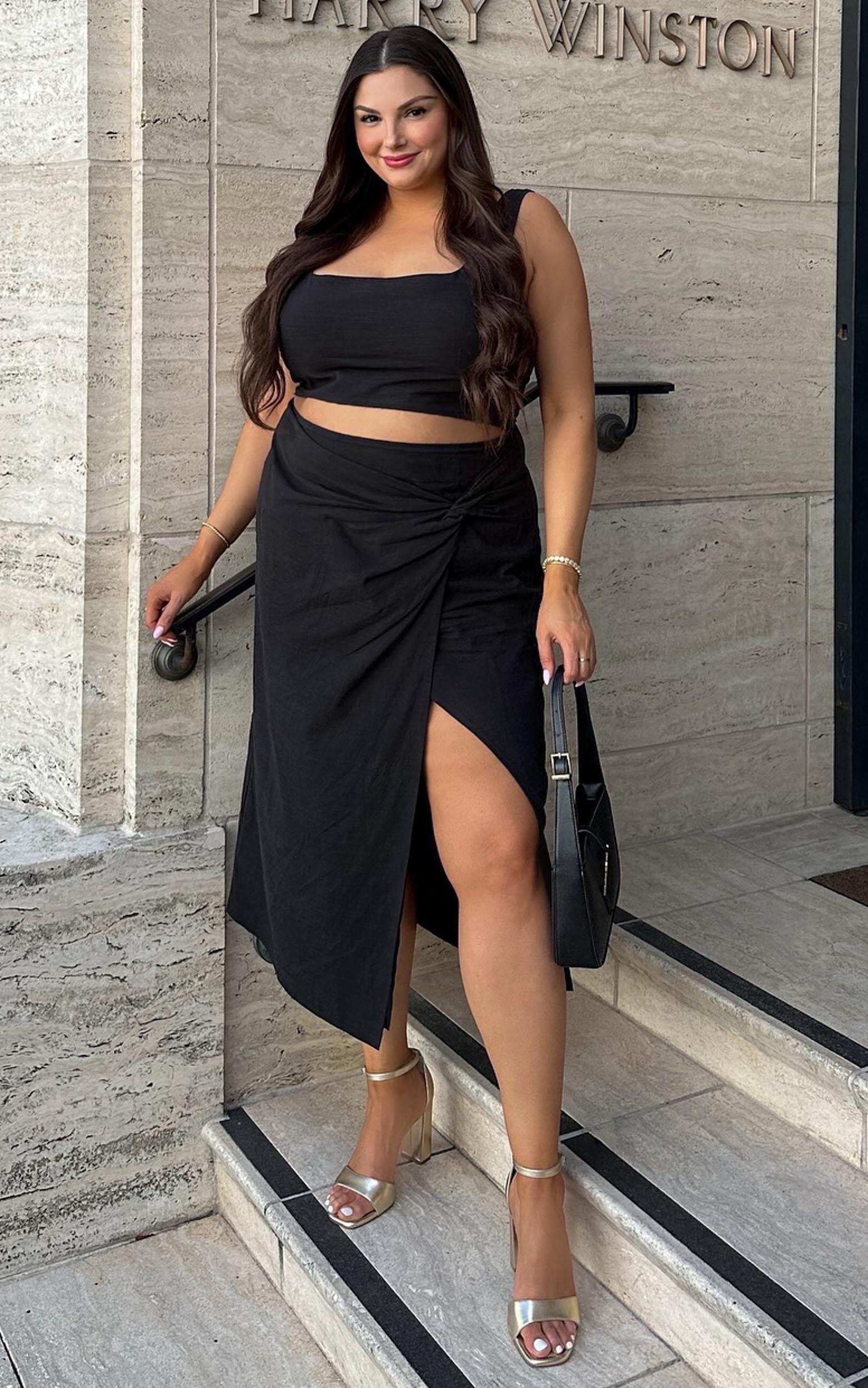 Gibson Two Piece Set - Linen Look Crop Top and Knot Front Midi Skirt Set in Black Product Image