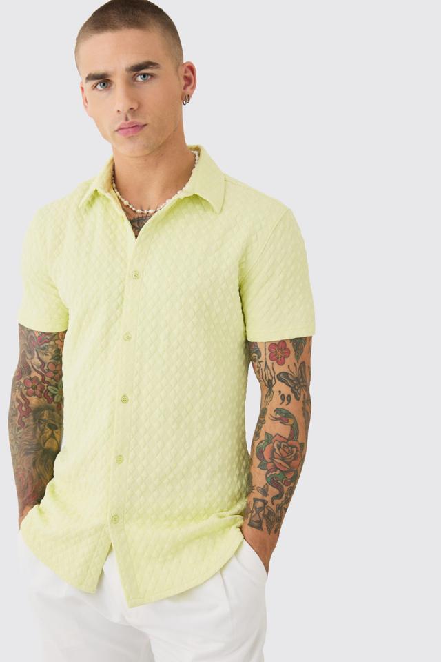 Mens Green Short Sleeve Diamond Muscle Fit Shirt, Green Product Image