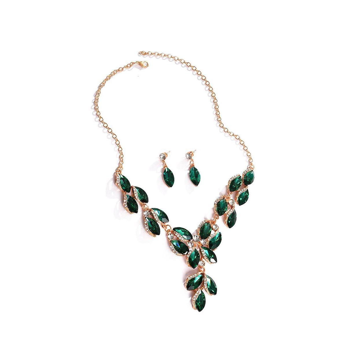 Sohi Womens Green Stone Leaf Necklace And Earrings (Set Of 2) Product Image