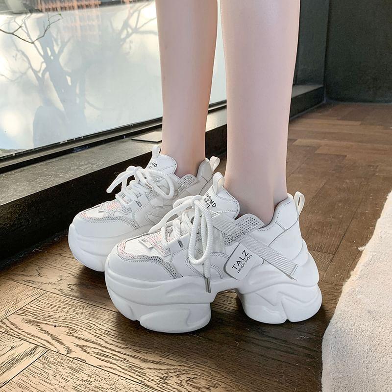 Platform Rhinestone Lace-Up Faux Leather Sneakers product image