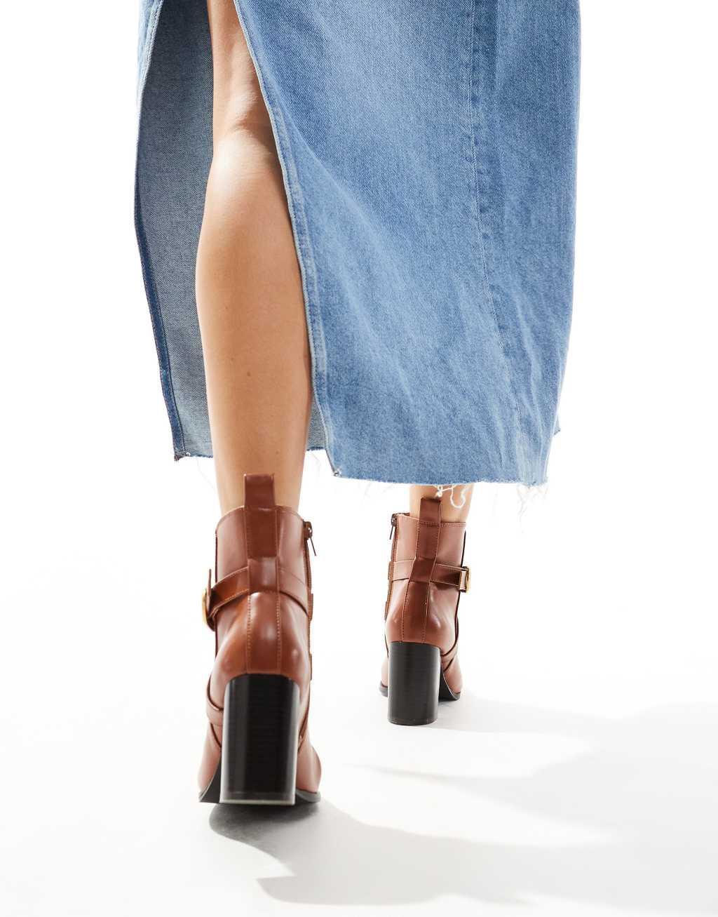 ASOS DESIGN Regan mid-heel buckle boots in tan Product Image