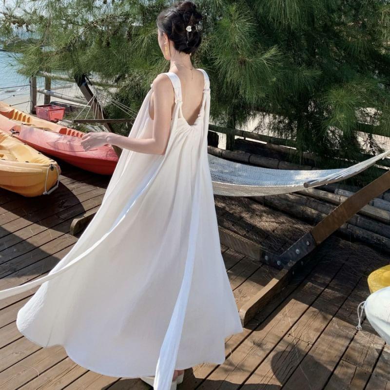 Sleeveless Open Back Plain Maxi A-Line Dress Product Image