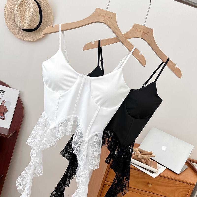 Spaghetti Strap Scoop Neck Plain Lace Ruffle Hem Bustier Top Product Image