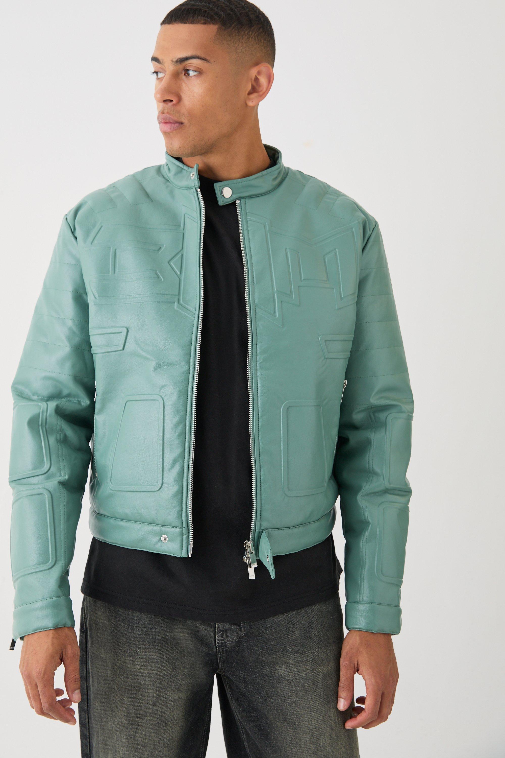 Boxy BHM Tonal Pu Moto Jacket In Sage | boohooMAN USA product image