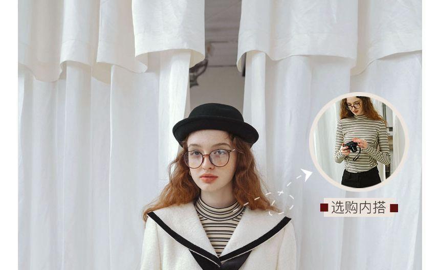 Set: Sailor Collar Contrast Trim Button-Up Jacket + Ribbon Brooch Product Image