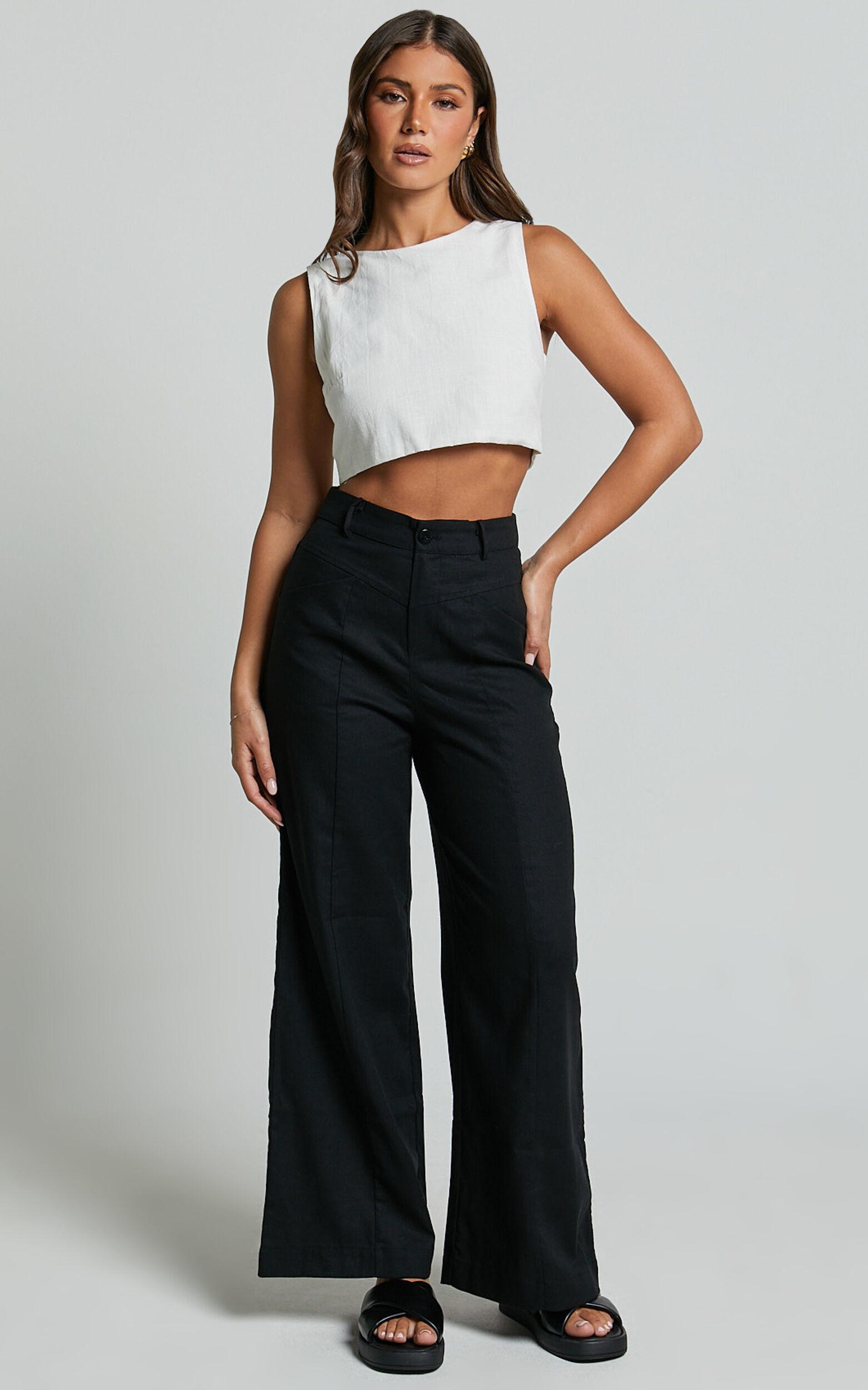 Skye Pants - Linen Look High Waisted Seam Detail Pants in Black Product Image