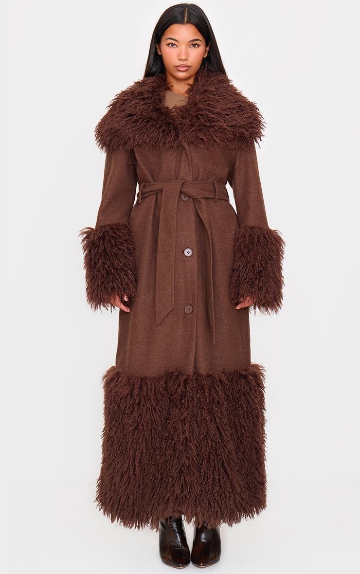 Brown Faux Fur Trim Contrast Wool Look Coat Product Image