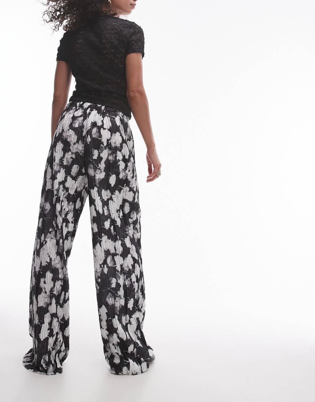 Topshop blurred floral crinkle plisse wide leg pants in mono Product Image