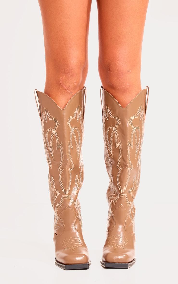 Tan PU Square Toe Stitch Detail Knee High Block Heel Western Boots Product Image