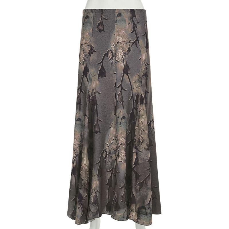 High Waist Floral Print Maxi A-Line Skirt Product Image