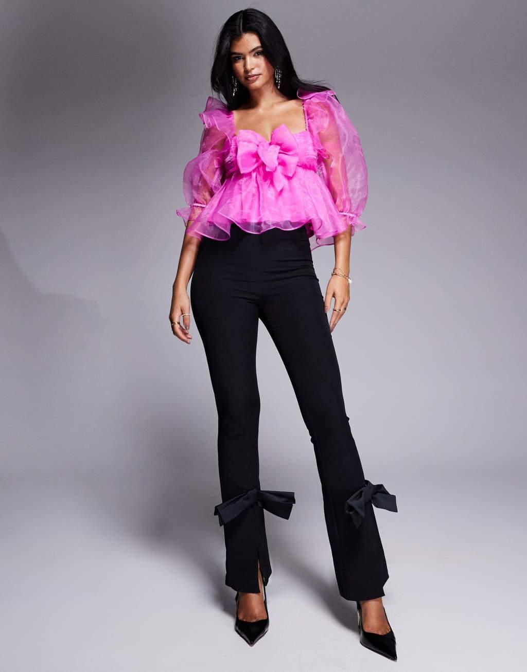 ASOS LUXE organza babydoll top with bow details in hot pink Product Image