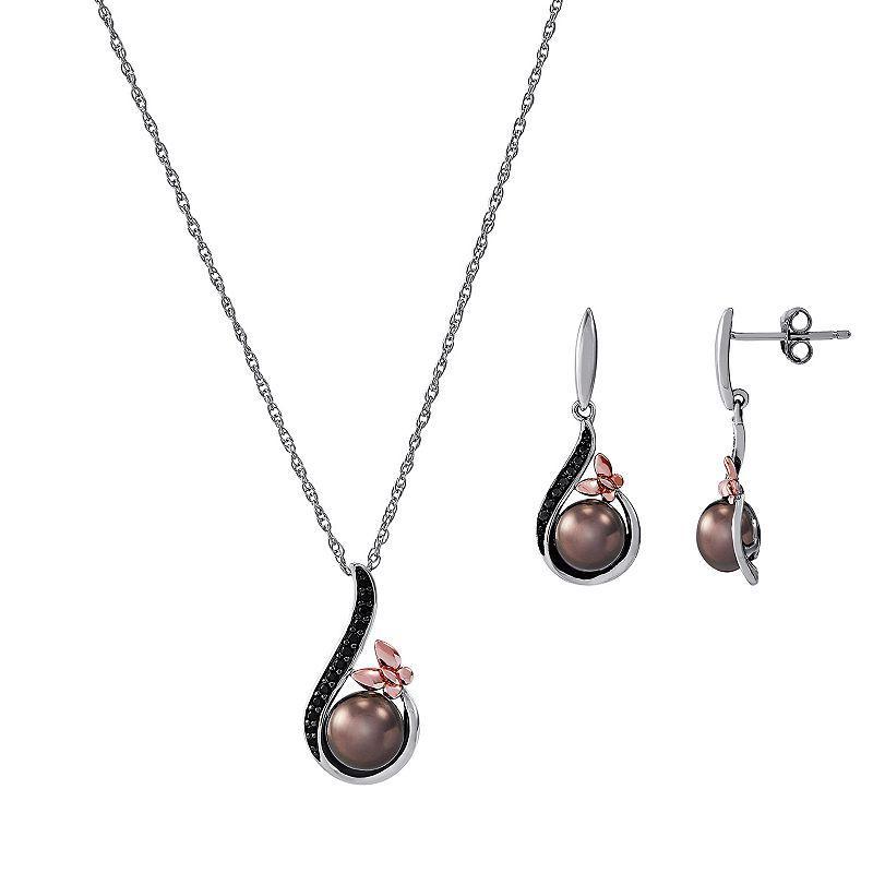 Freshwater by HONORA 18k Gold Over Silver Black Freshwater Cultured Pearl Pendant & Earring Set, Womens Sterling Product Image