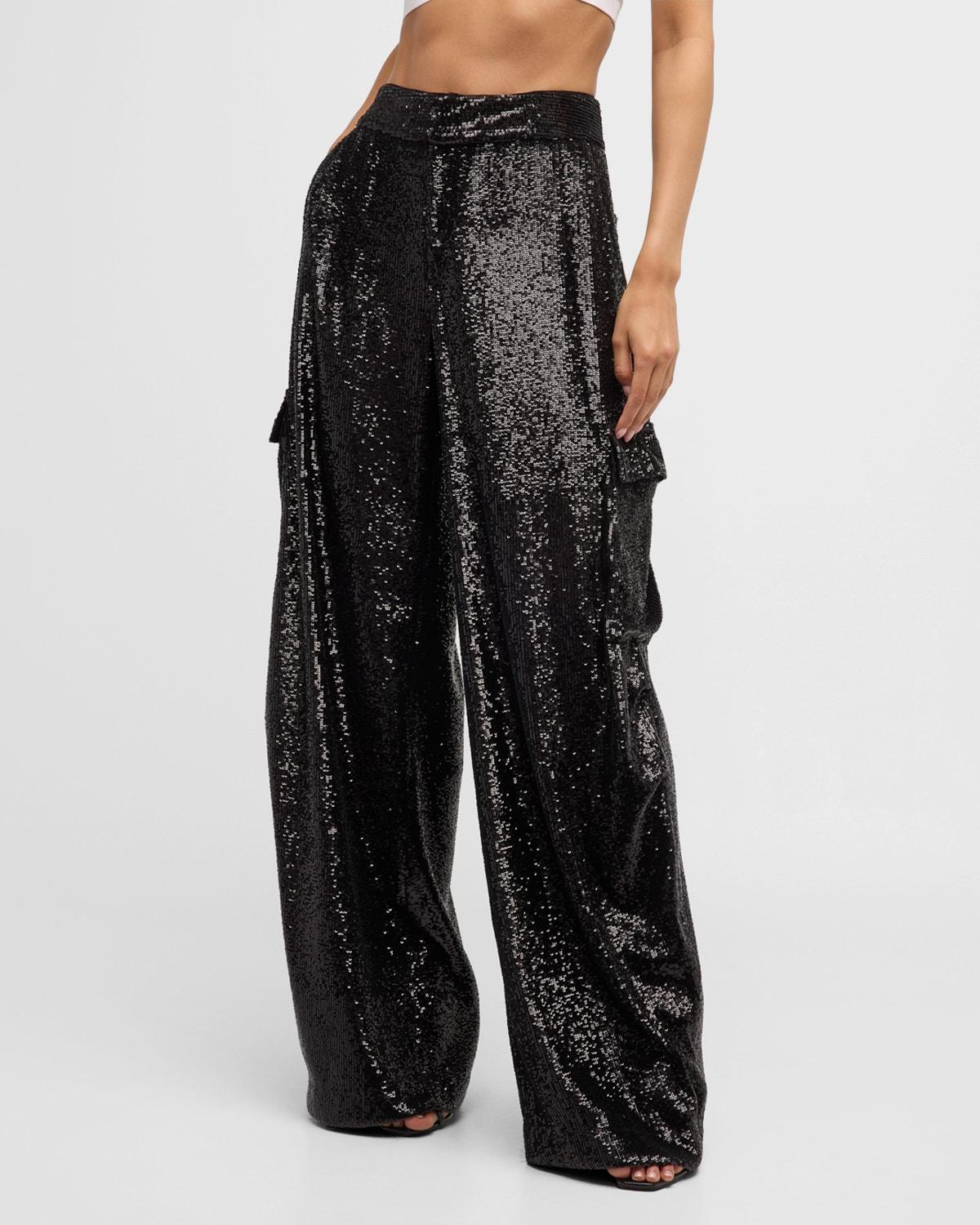 Womens Sequin Wide-Leg Cargo Pants Product Image