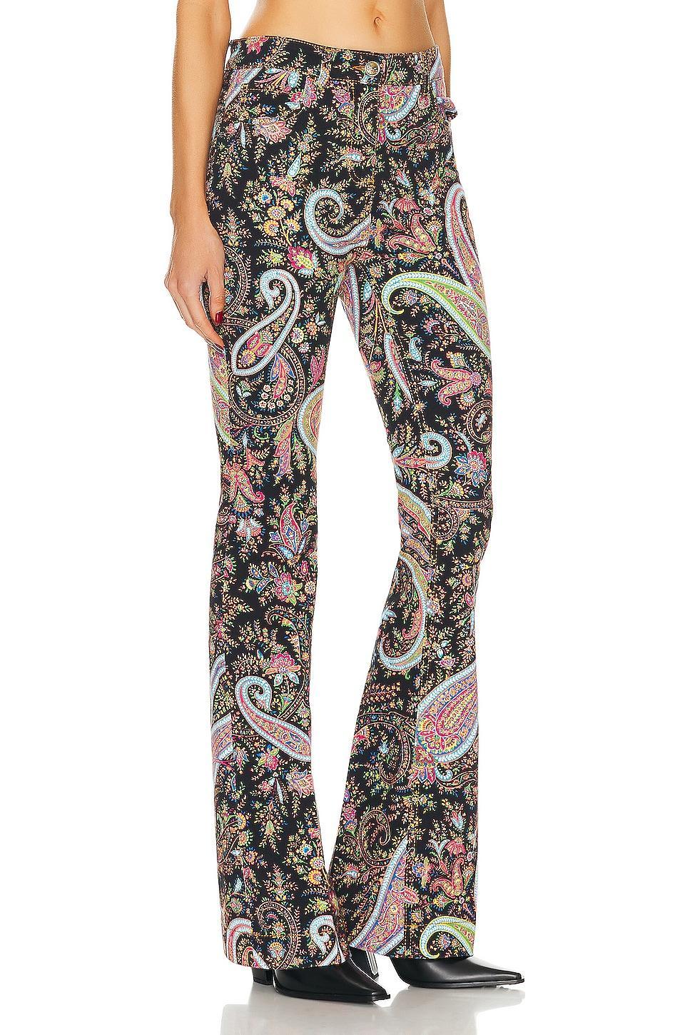 Etro Printed Flare Leg in Black Multi - Pink,Green. Size 27 (also in ). Product Image