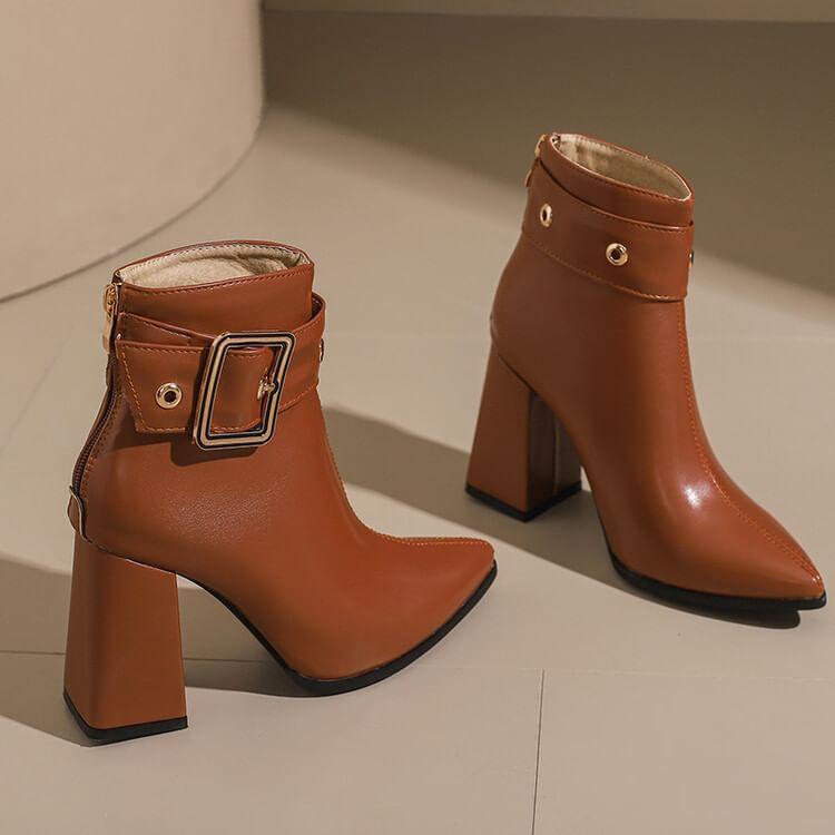 Block Heel Pointed buckled Short Boots Product Image