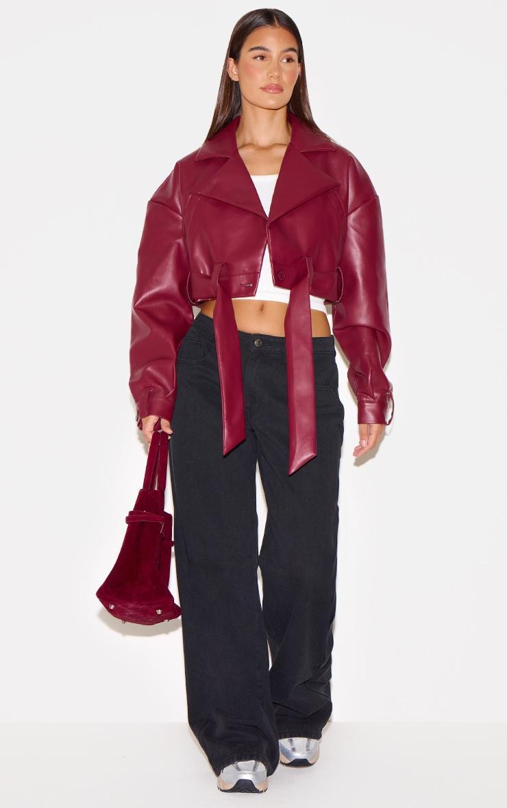 Burgundy Faux Leather Cropped Biker Jacket Product Image