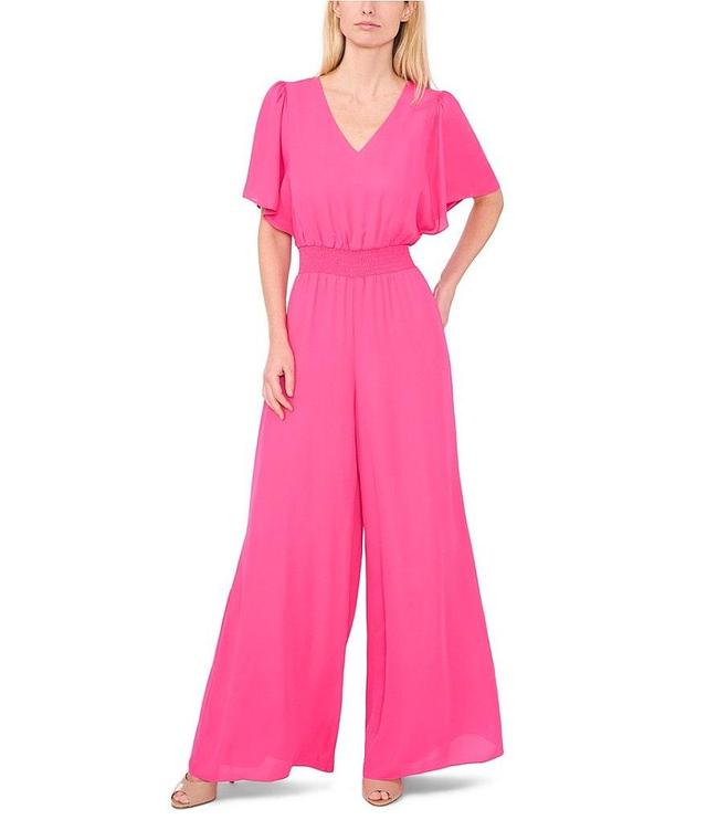 CeCe V-Neck Short Flutter Sleeve Smocked Elastic Waist Full Length Straight Leg Jumpsuit Product Image