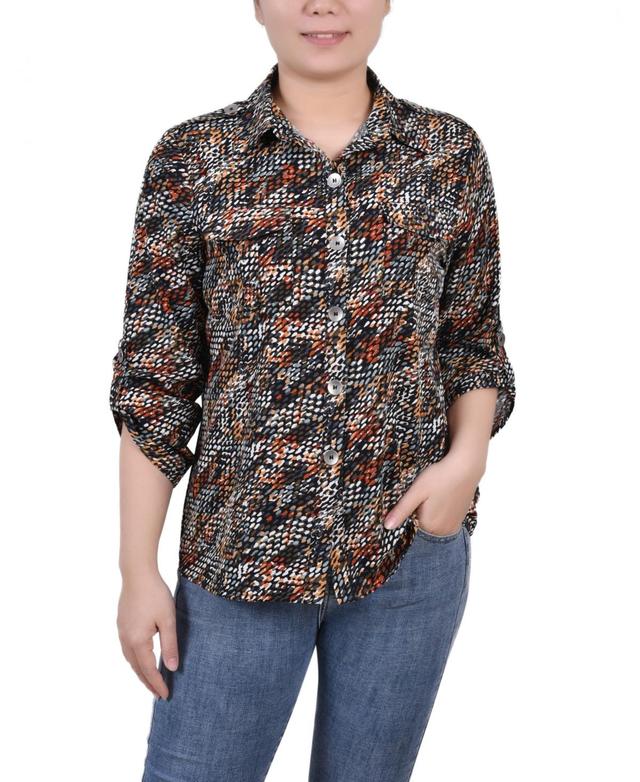 NY Collection Womens Missy 3/4 Sleeve Roll Tab Blouse -BLACK GREY Product Image