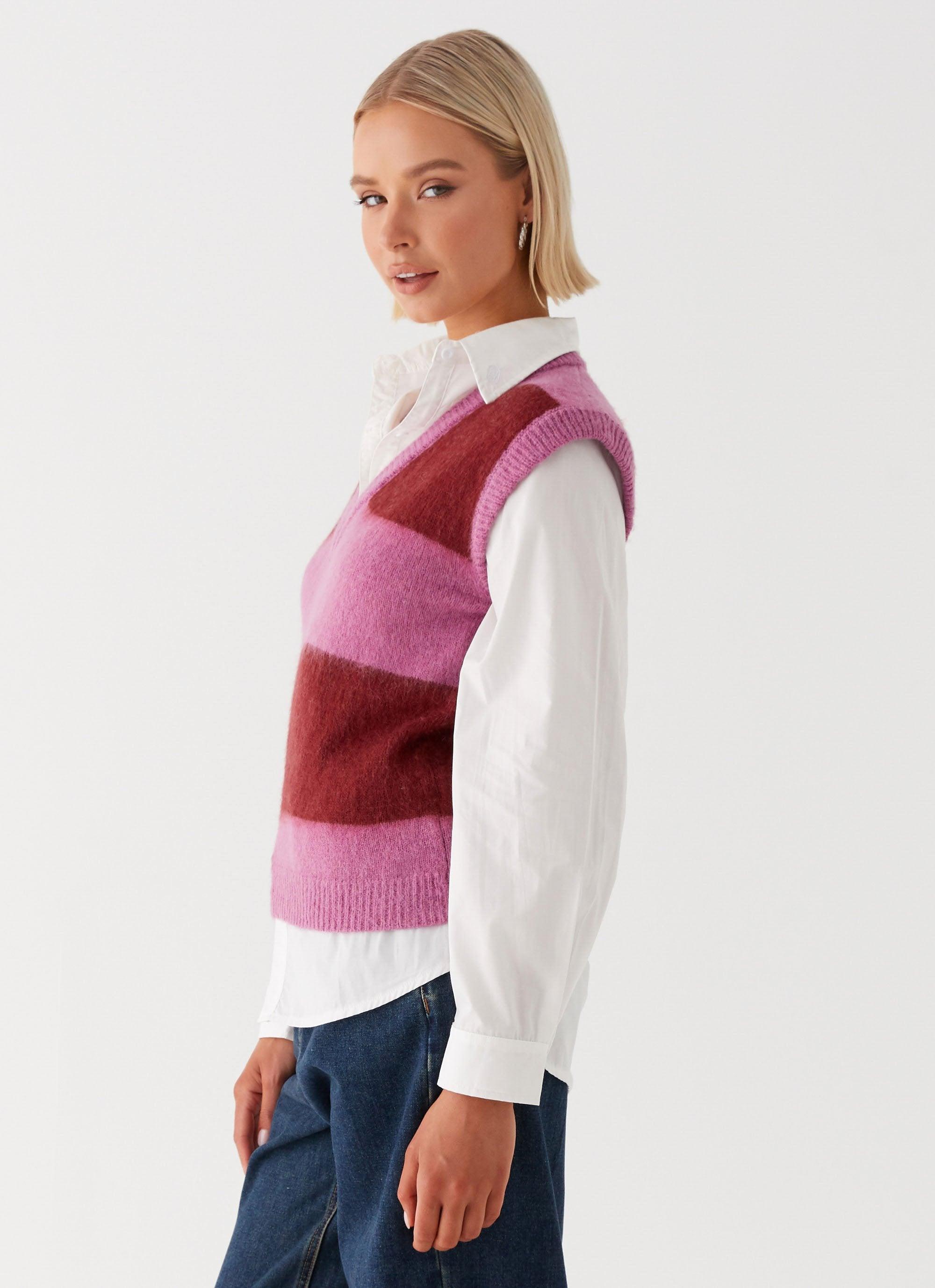 Savannah Fuzzy Knit Vest - Red Pink Stripe Product Image