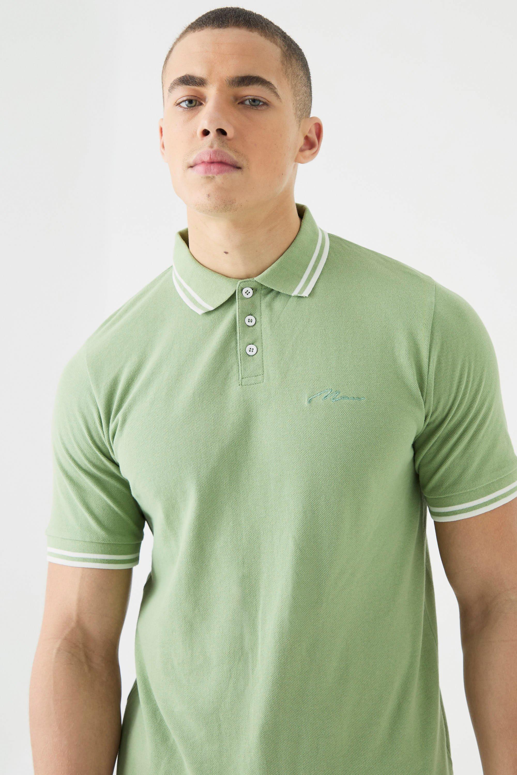 Slim Fit Man Signature Tipped Pique Polo | boohooMAN USA Product Image