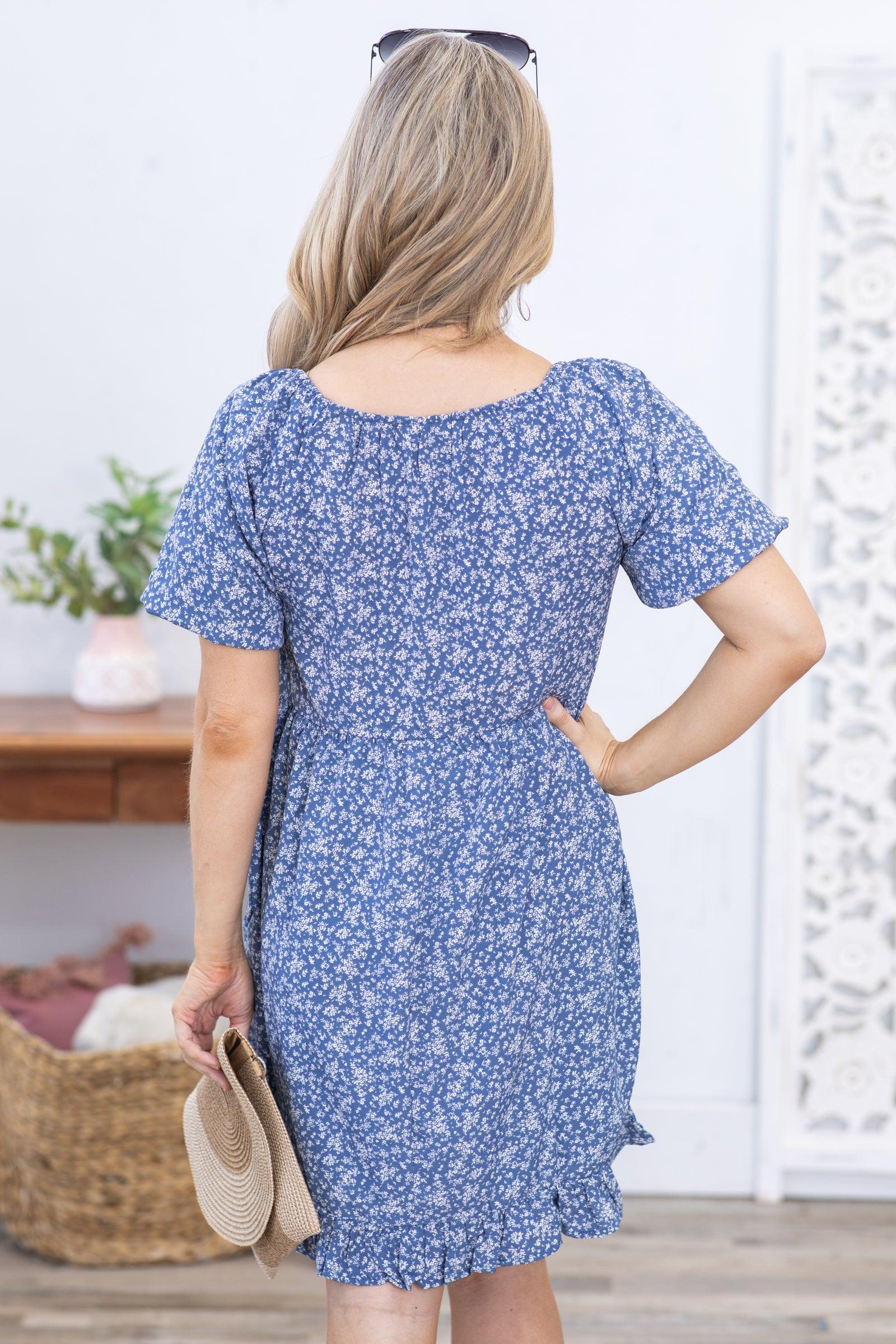 Dusty Blue Floral Print Puff Sleeve Dress Product Image