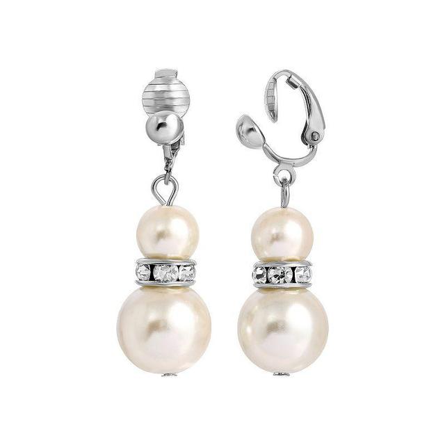 1928 Silver Tone Faux Pearl & Crystal Clip Earrings, Womens, White Product Image