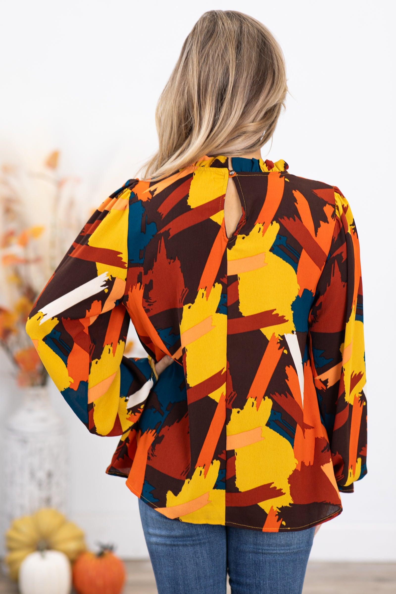 Rust and Mustard Abstract Print Bell Cuff Top Product Image