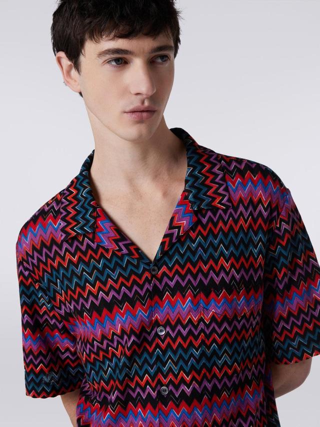 Short-sleeved bowling shirt in zigzag cotton and viscose Black | Missoni Product Image