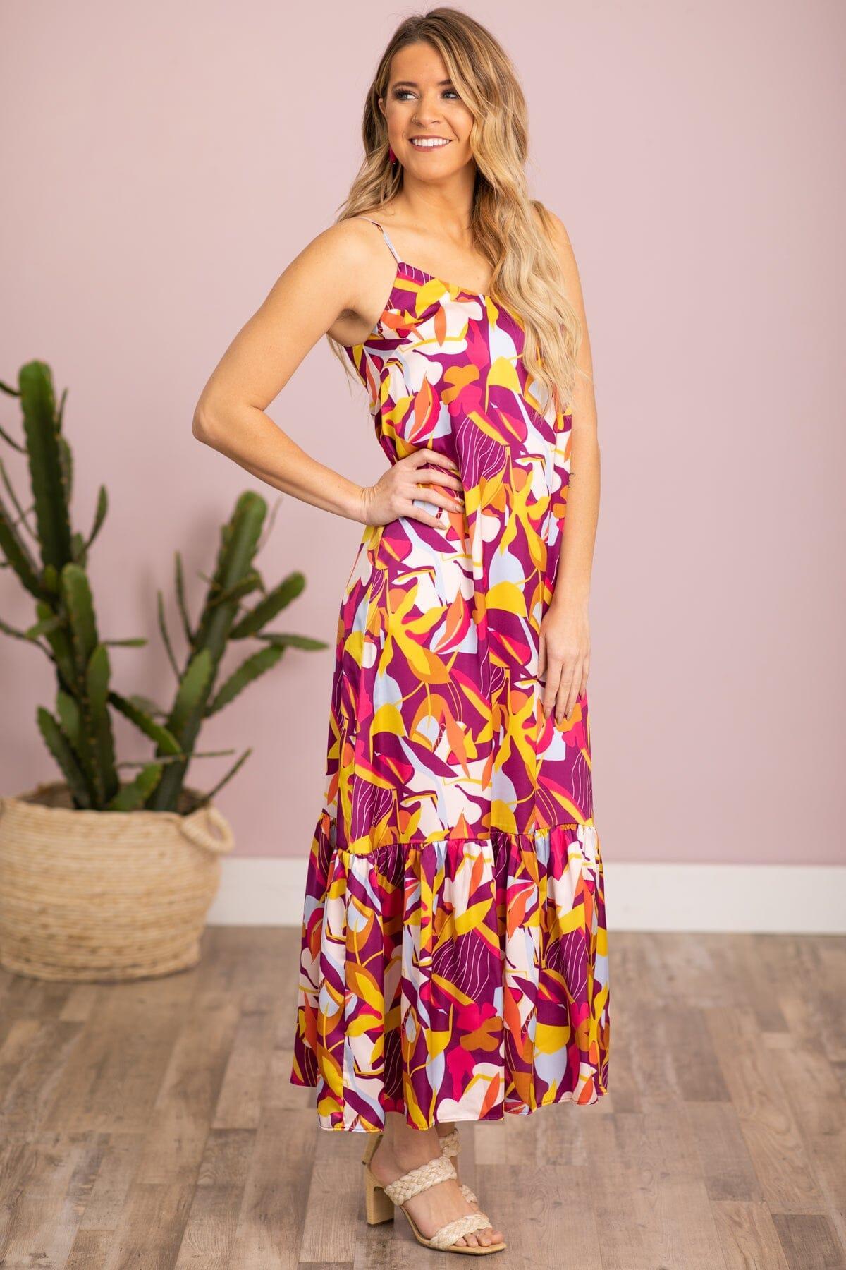 Raspberry and Yellow Tropical Print Maxi Dress Product Image