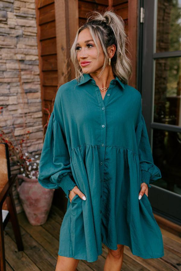 Cafe Patio Button Down Mini Dress in Hunter Green Product Image