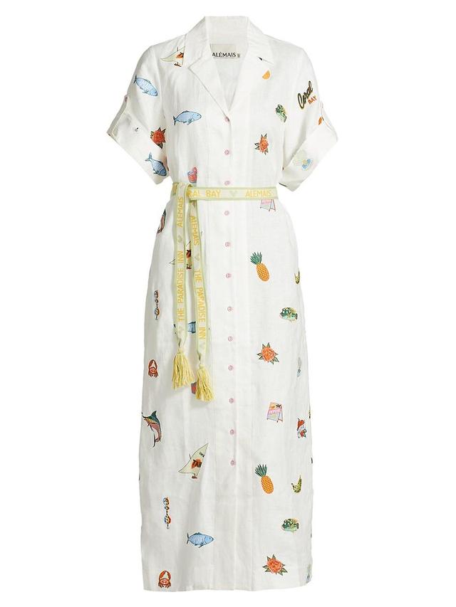 Womens Blue Marlin Linen Embroidered Midi- Dress Product Image