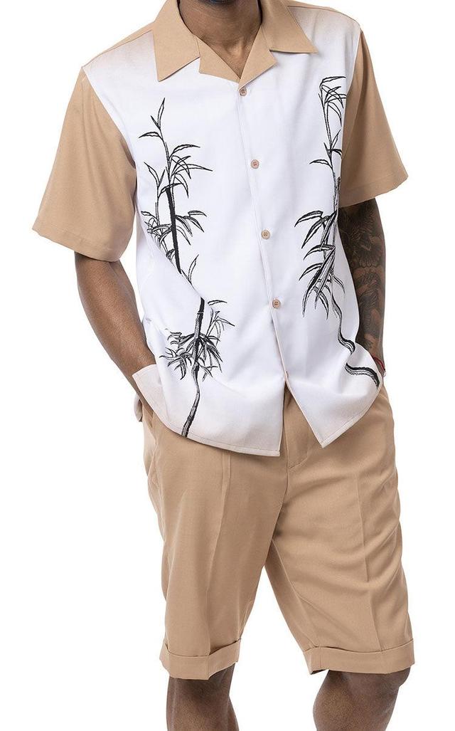 Tan Tropical Print 2 Piece Short Sleeve Walking Suit with Shorts Product Image