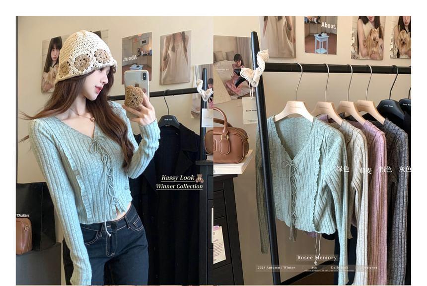 Long-Sleeve V-Neck Plain Ribbed Lace-Up Crop Knit Top Product Image