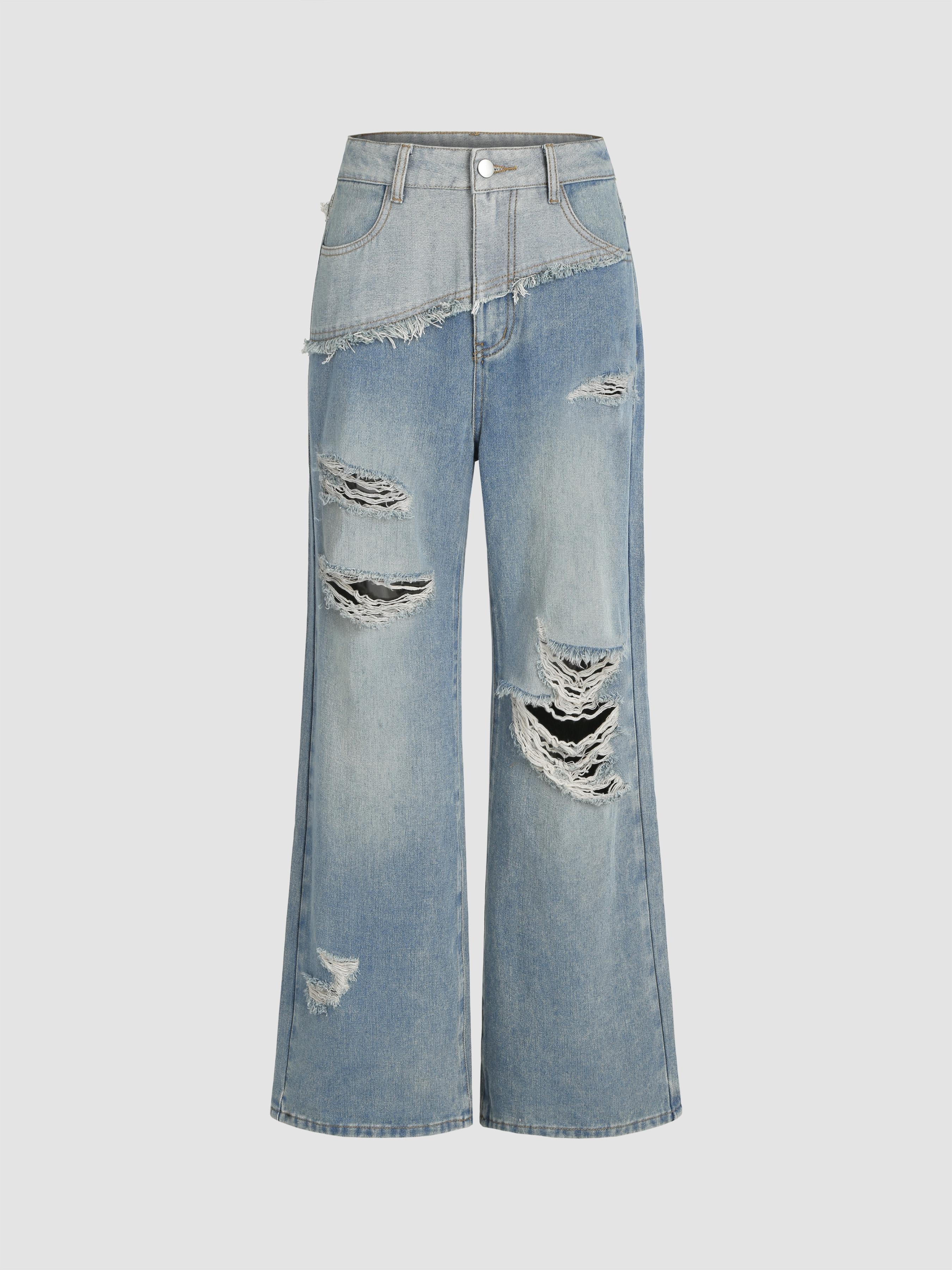 Denim Mid Waist Ripped Wide Leg Jeans product image