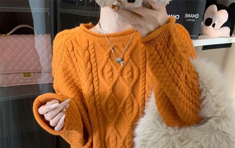 Round Neck Plain Cable Knit Sweater Product Image