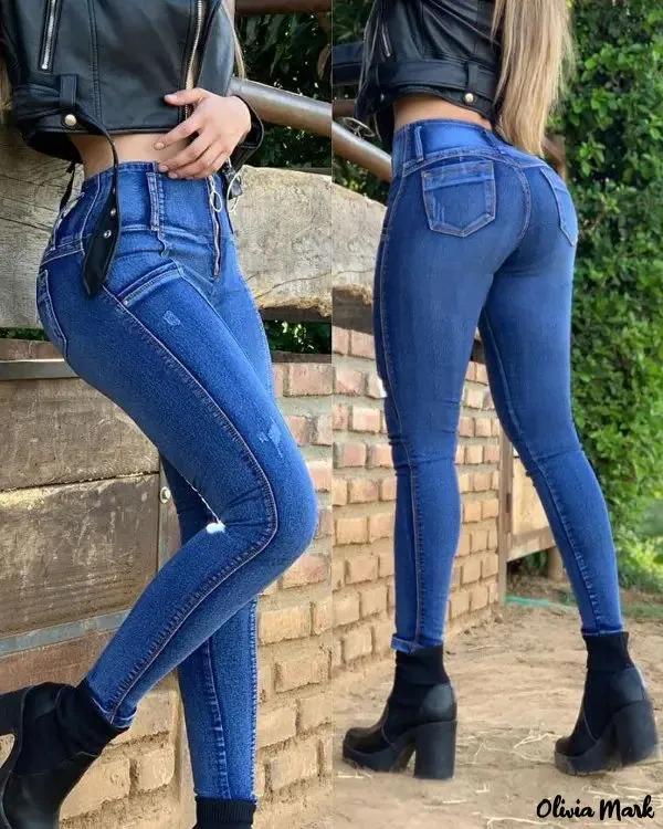 Olivia Mark – High waisted ripped skinny jeans with zip fly Product Image