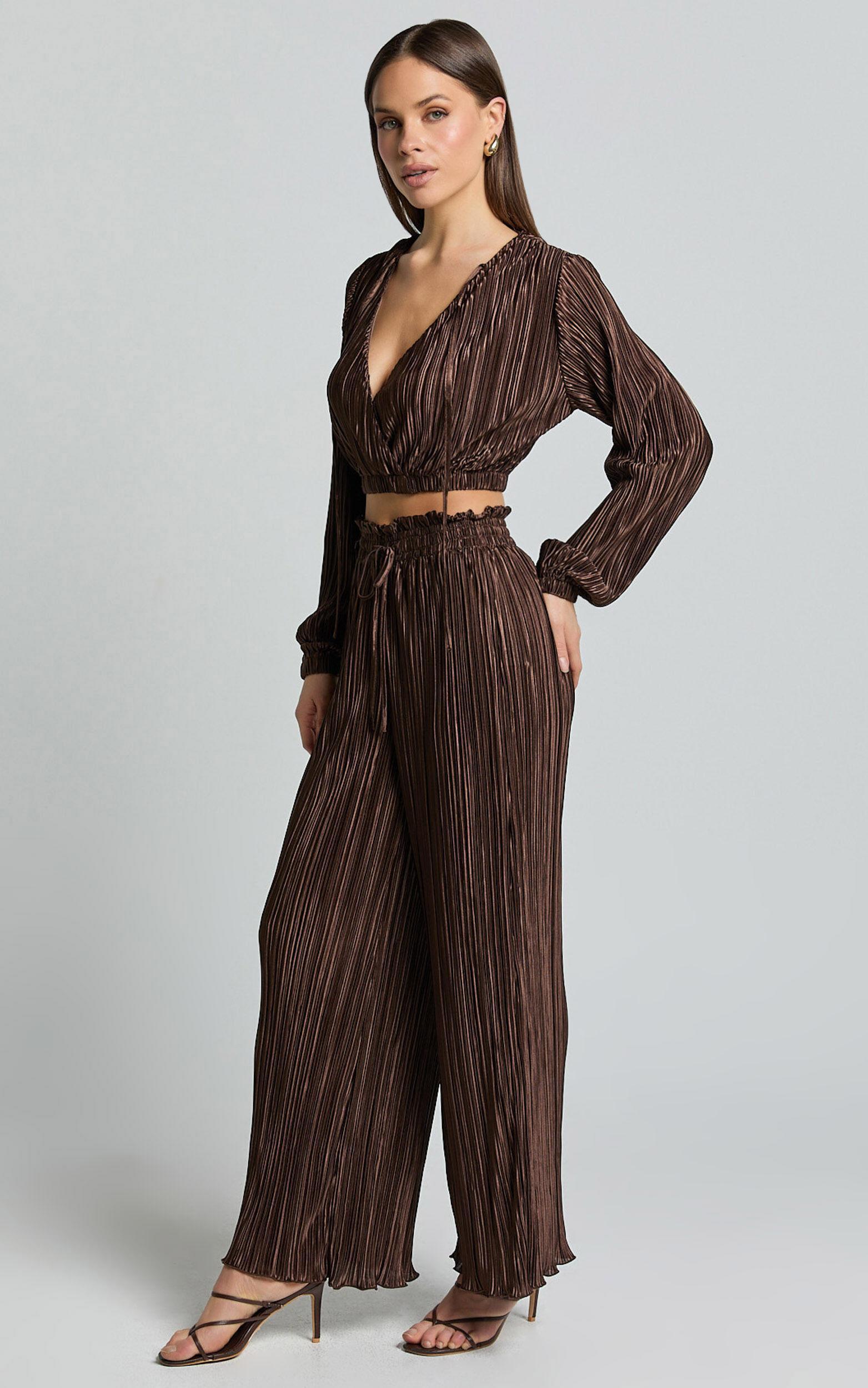 Kallie Pants - High Waist Drawstring Plisse Pants in Chocolate Product Image