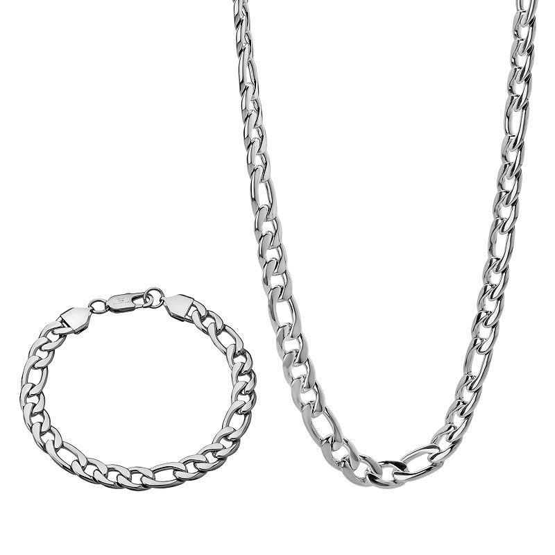 LYNX Stainless Steel Curb Chain Necklace and Bracelet Set, Mens Grey Product Image