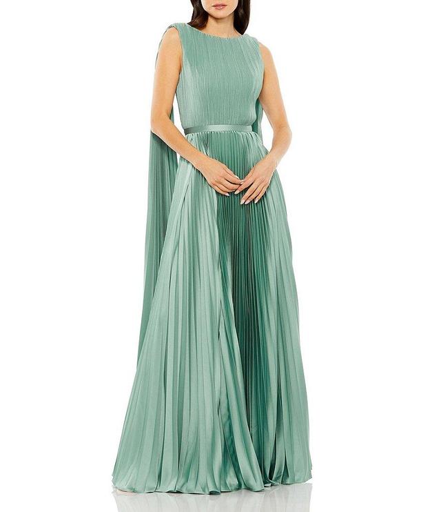 Mac Duggal Pleated Boat Neck Sleeveless Open Drape Back Gown Product Image