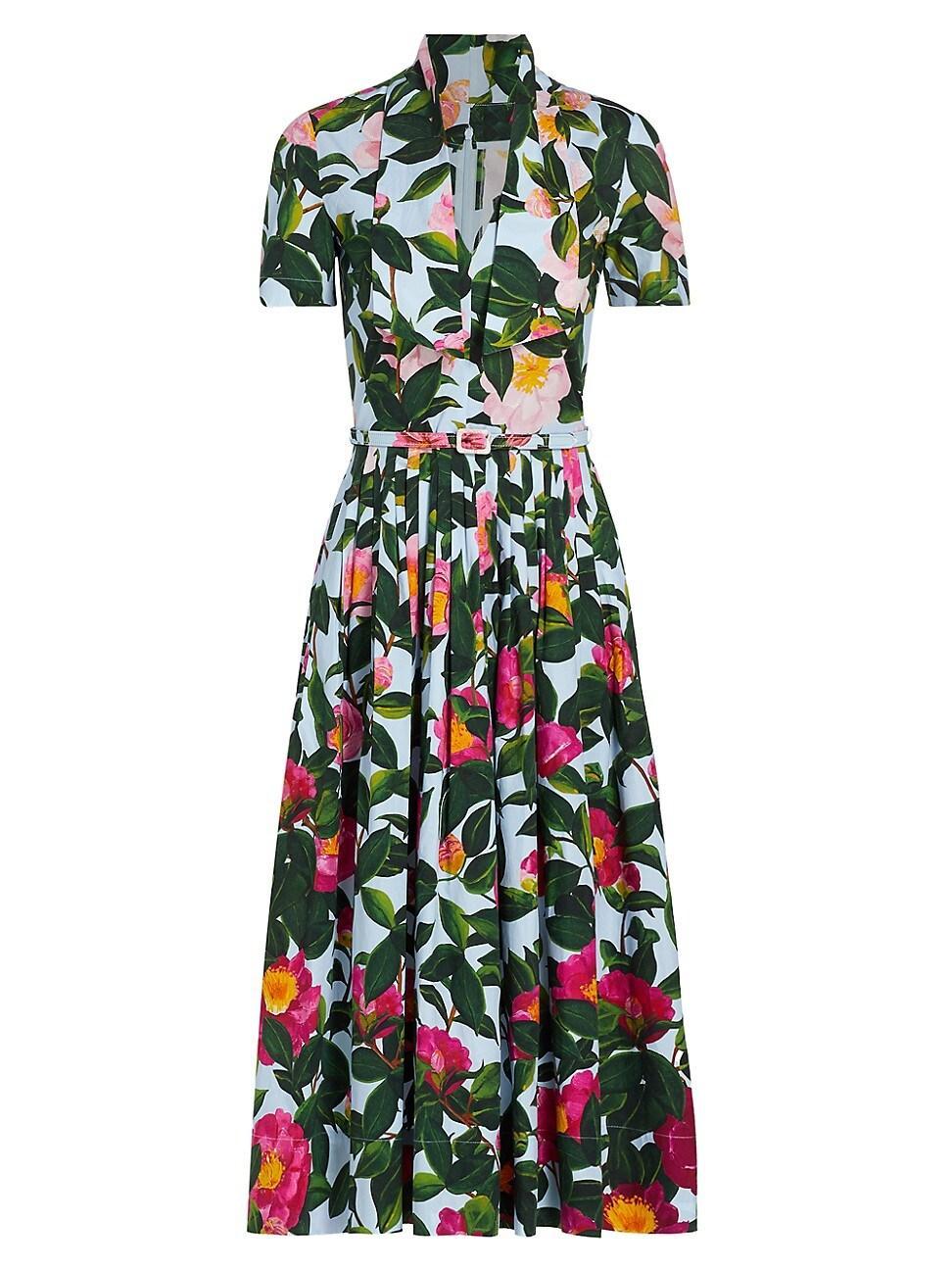 Oscar de la Renta Floral Print Bow Square Neck Stretch Cotton Dress Product Image