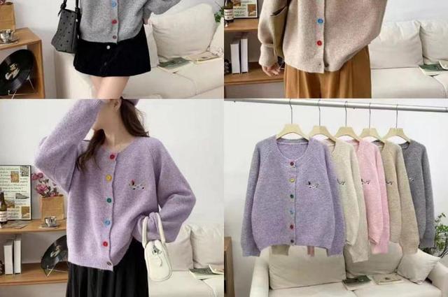 Long-Sleeve Crewneck Embroidered Cardigan Product Image