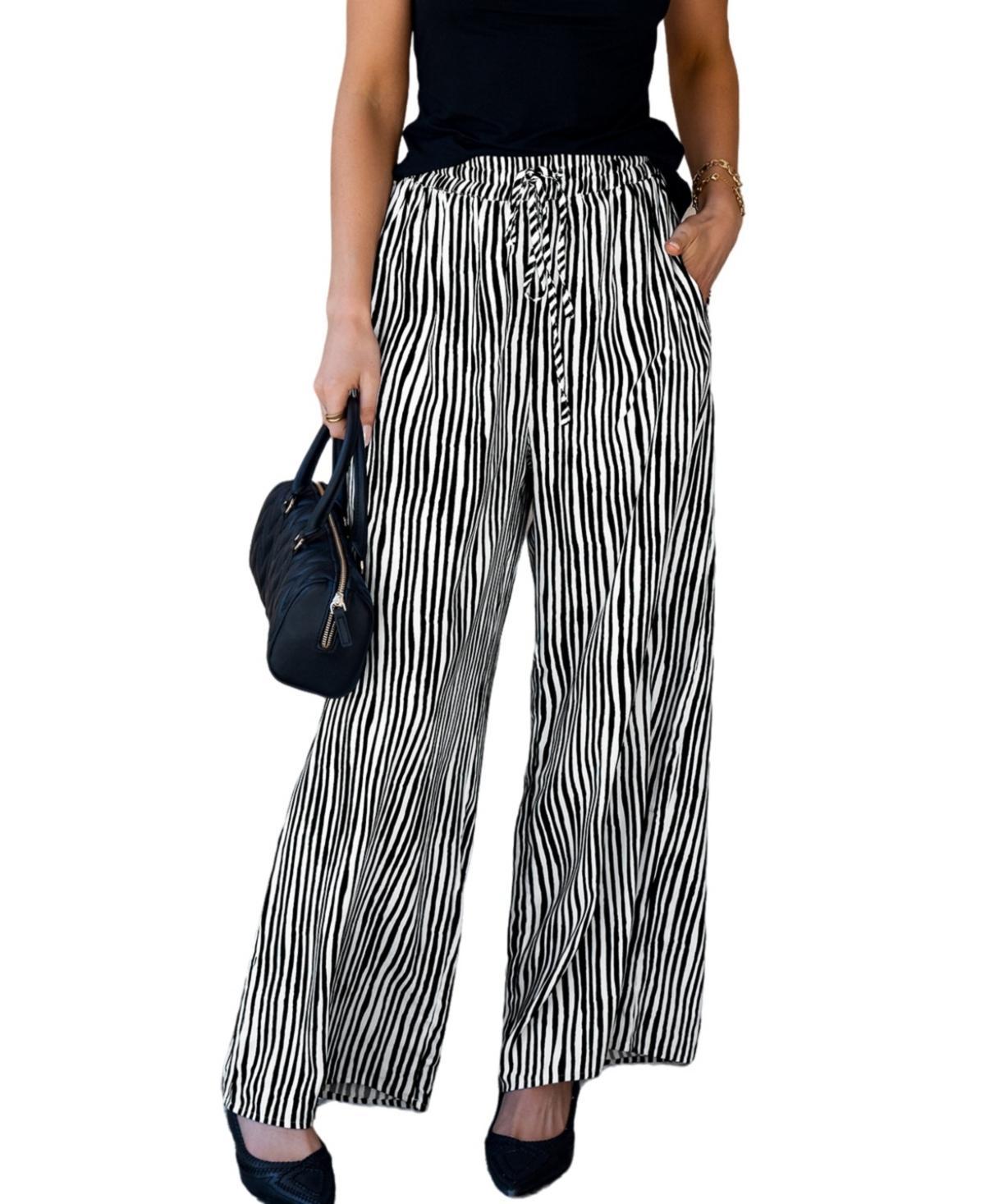 Cupshe Womens Black & White Stripe Drawstring Waist Wide Leg Pants Product Image