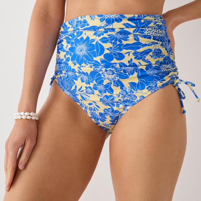 Ruched high-rise bikini bottom with side ties in blue floral Product Image